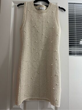Zara Ivory Knit Pearl-Embellished Mini Dress NWT